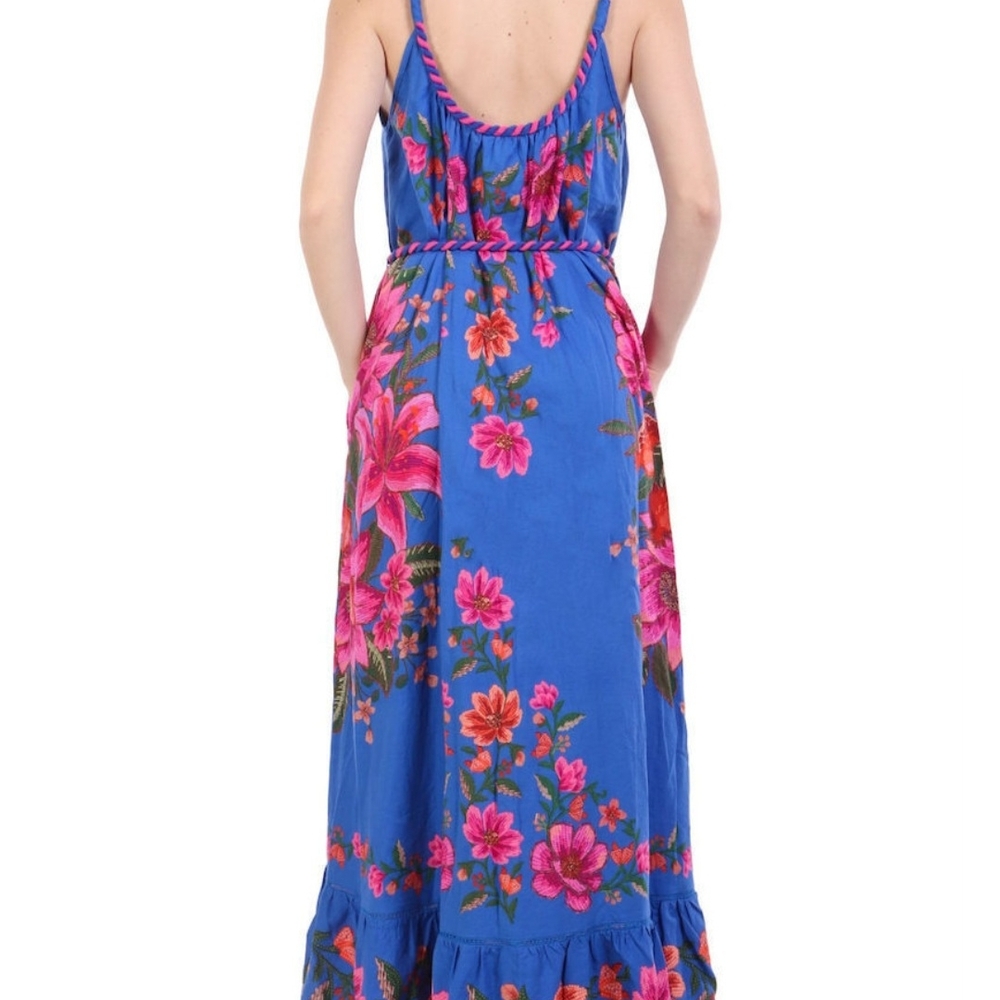 FARM Rio Vibrant Blue Backless Dress with Pink Floral Design